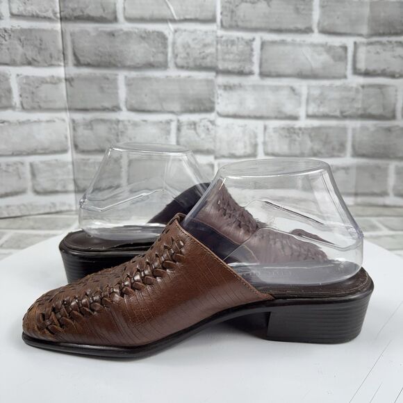 Predictions Vintage Women's Size 8.5 WIDE Square Toe Brown Leather Woven Mules - Picture 4 of 12